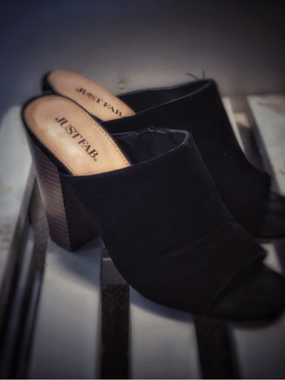 JustFab Black Open-Toe Suede Block Heel Mules